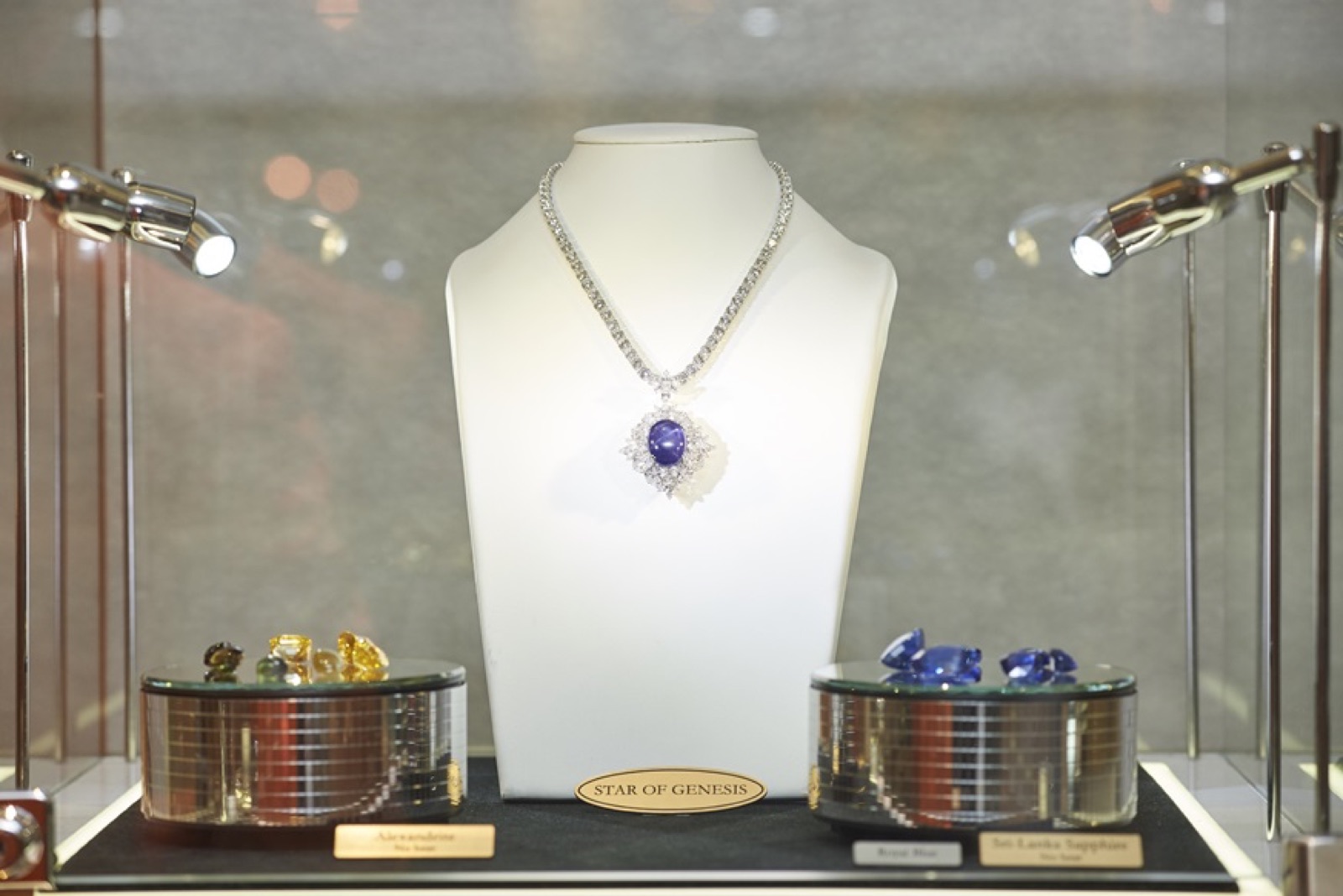 The rarities cabinet: unheated alexandrite and Ceylon sapphires beside the Star of Genesis