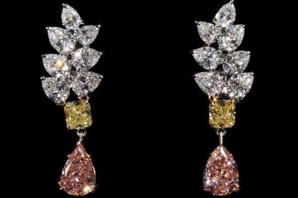 Foliate diamond earrings descending to fancy yellow and rose drops