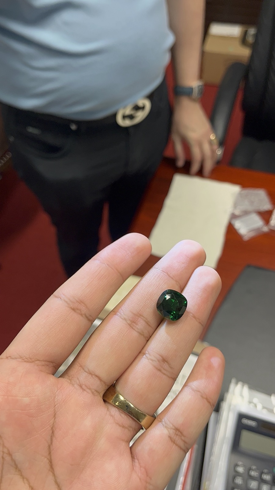 The house's 17 carat bluish green tsavorite, held to the light
