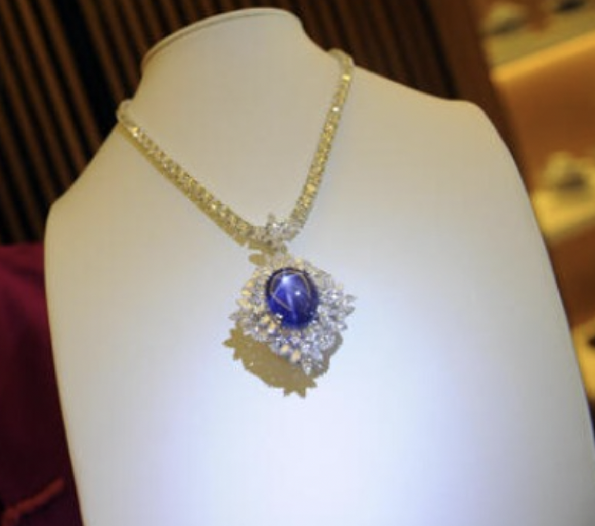 The Star of Genesis, a 48.95 carat Burmese colour change star sapphire, set within a diamond pendant